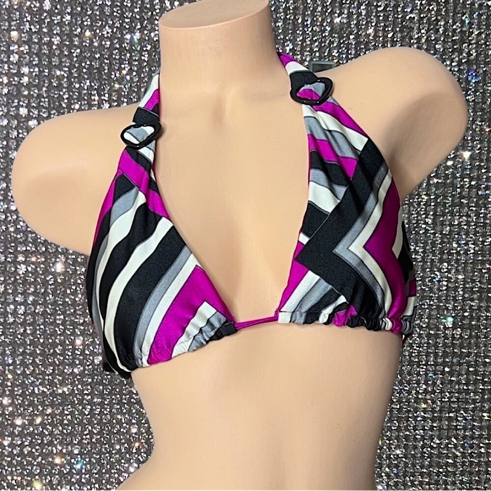 Bikini top hearts stripes Metallic shiny shimmer material white black purple